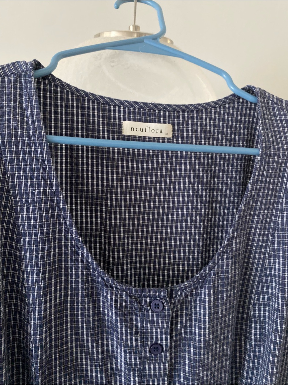 Navy Gingham Button-Front Midi Dress with Puff Sleeves - Picture 2 of 6